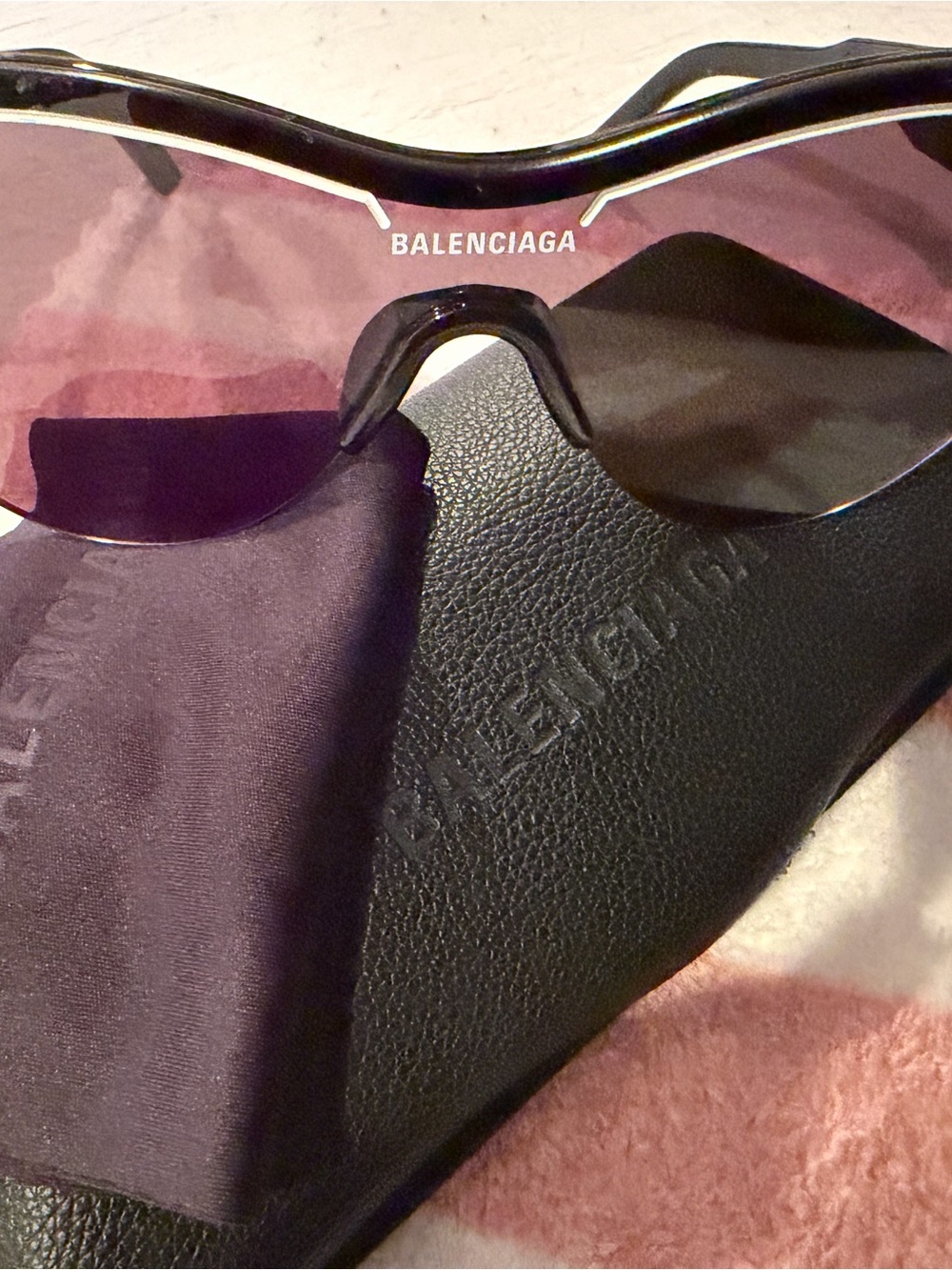 Balenciaga Shield Mask Rimless Sunglasses with Black Lenses and White Accents